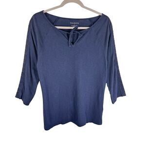 Talbots Navy Blue Cotton Modal Eyelet 3/4 Sleeve Tie Pullover Top Size‎ M